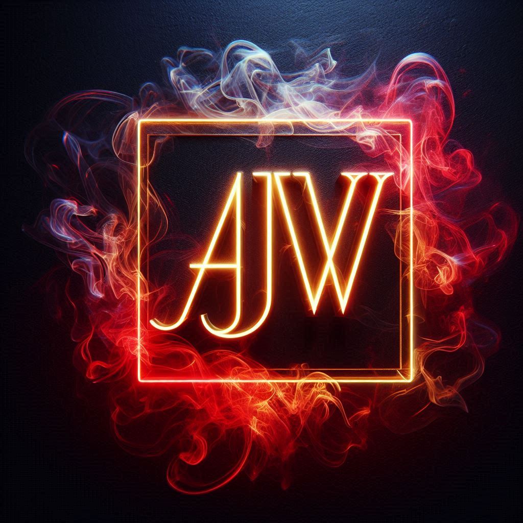 Letters AjW inside a glowing frame against a dark background of red smoke.