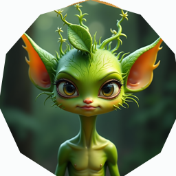 AI Worlds Icon, green character with big ears, and tiny nose and body and elfish grin.